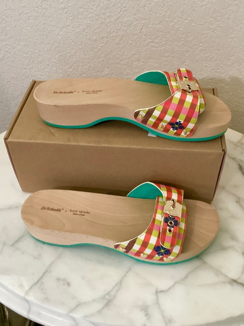 Kate Spade x Dr. Scholls pink & green gingham preppy style sandal.slide
